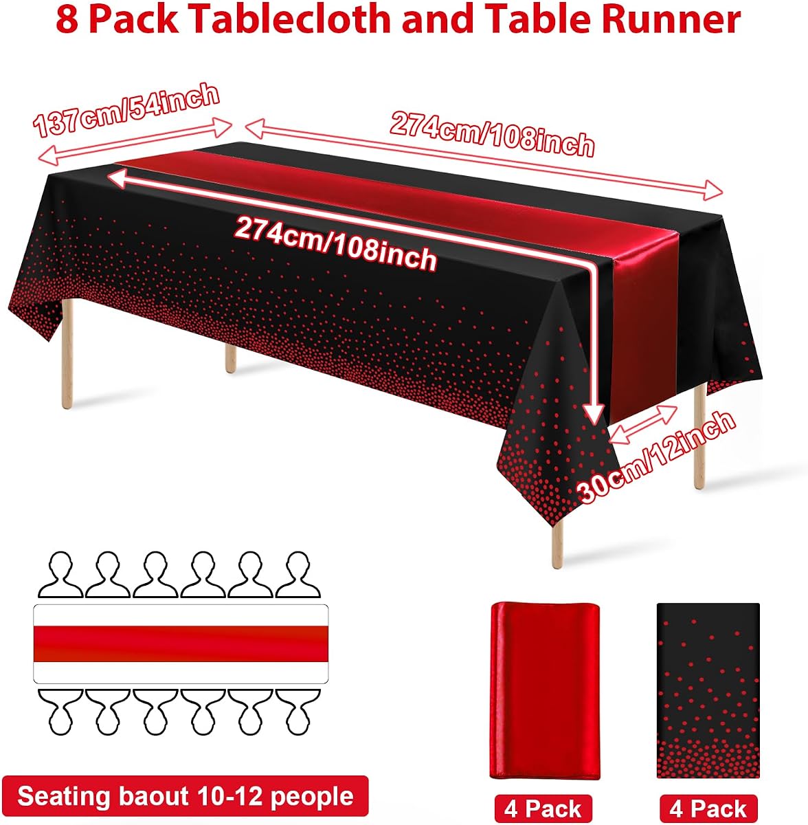Black and Red Tablecloth and Runner Set, 8 pack view 2