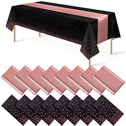 Black and Rose Gold Tablecloth and Runner Set, 16 pack