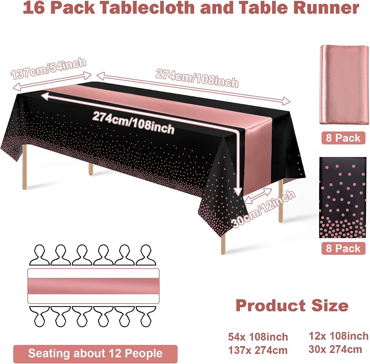 Black and Rose Gold Tablecloth and Runner Set, 16 pack view 2