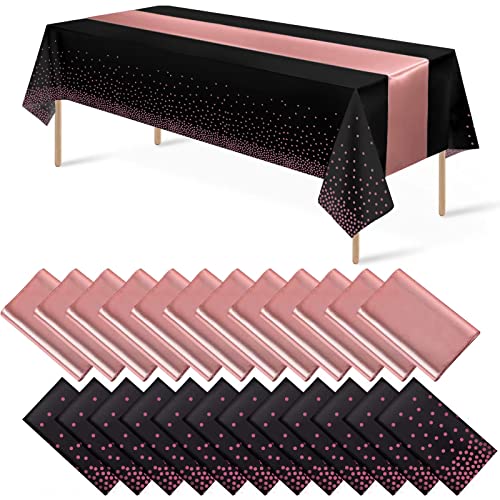Black and Rose Gold Tablecloth and Runner Set, 24 pack