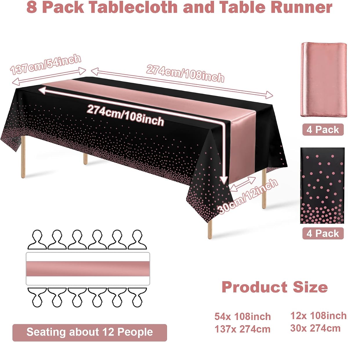 Black and Rose Gold Tablecloth and Runner Set, 8 pack view 2