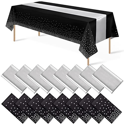 Black and Silver Tablecloth and Runner Set, 16 pack