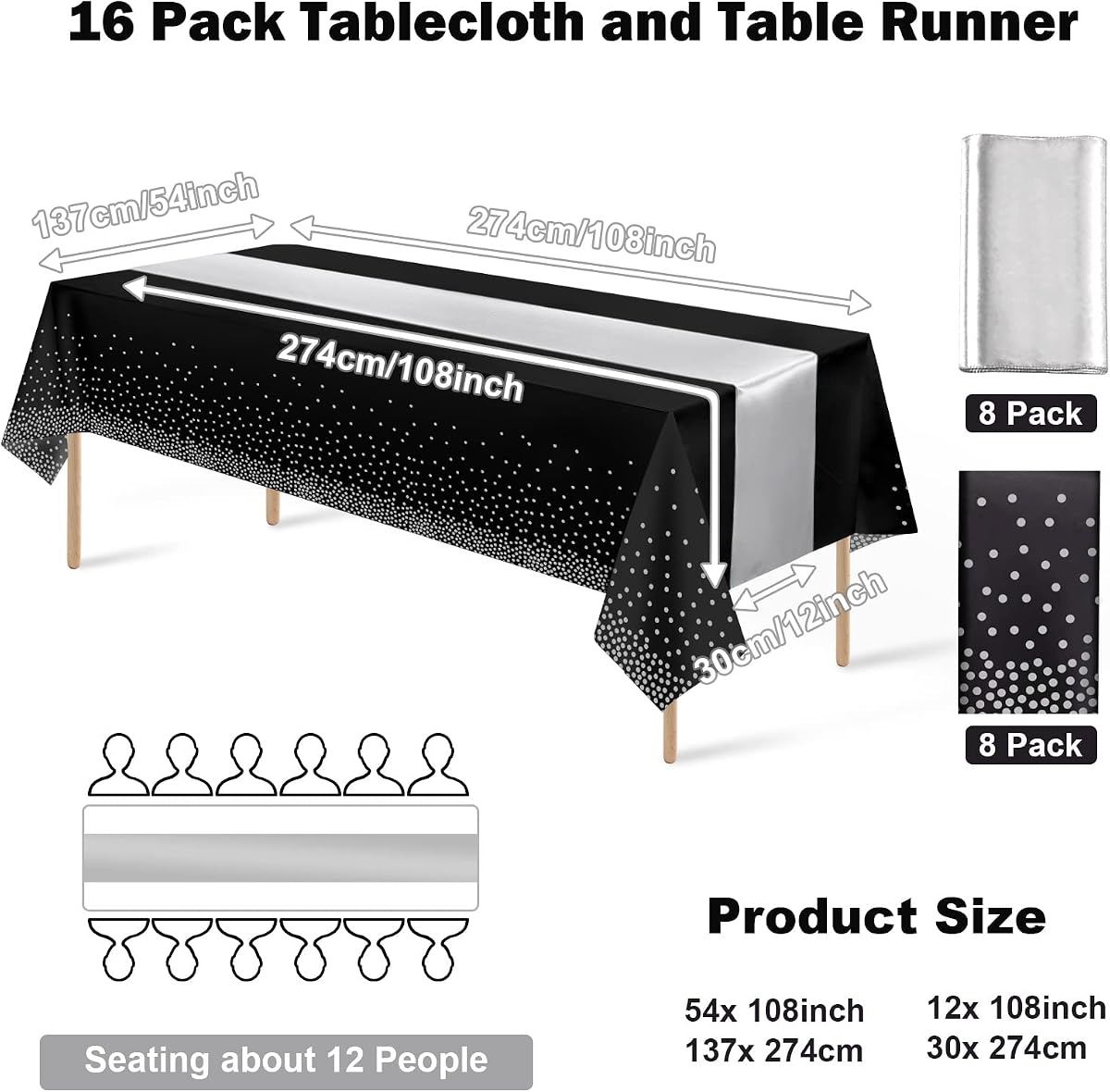 Black and Silver Tablecloth and Runner Set, 16 pack view 2