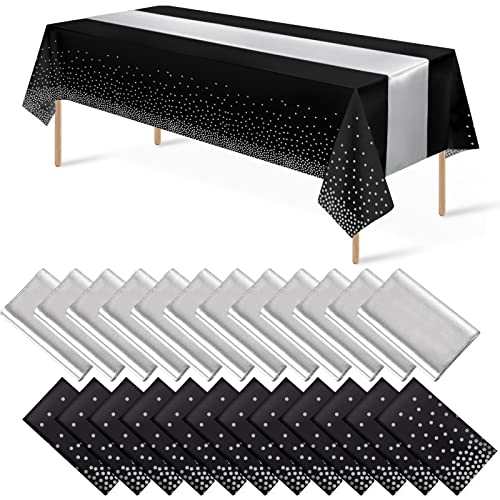 Black and Silver Tablecloth and Runner Set, 24 pack