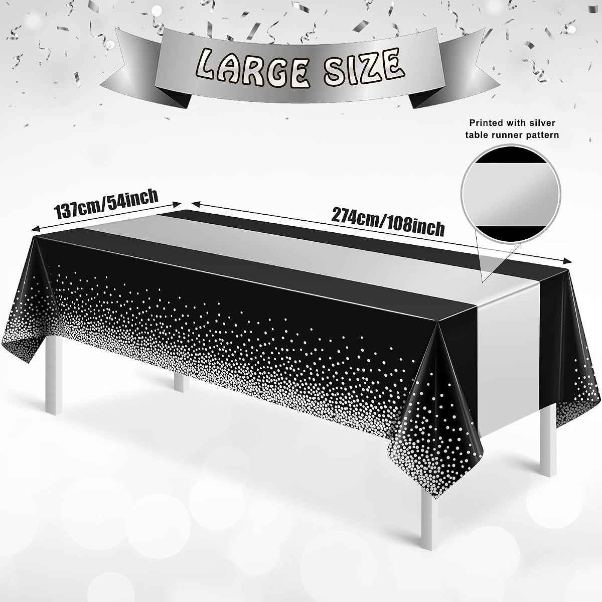 Black and Silver Tablecloth and Runner Set, 54 x 108 inch, 3 pack view 2