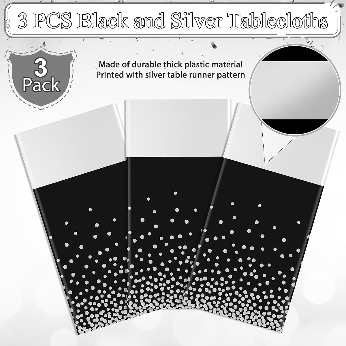 Black and Silver Tablecloth and Runner Set, 54 x 108 inch, 3 pack view 4