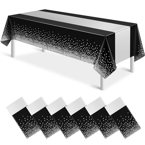 Black and Silver Tablecloth and Runner Set, 54 x 108 inch, 6 pack