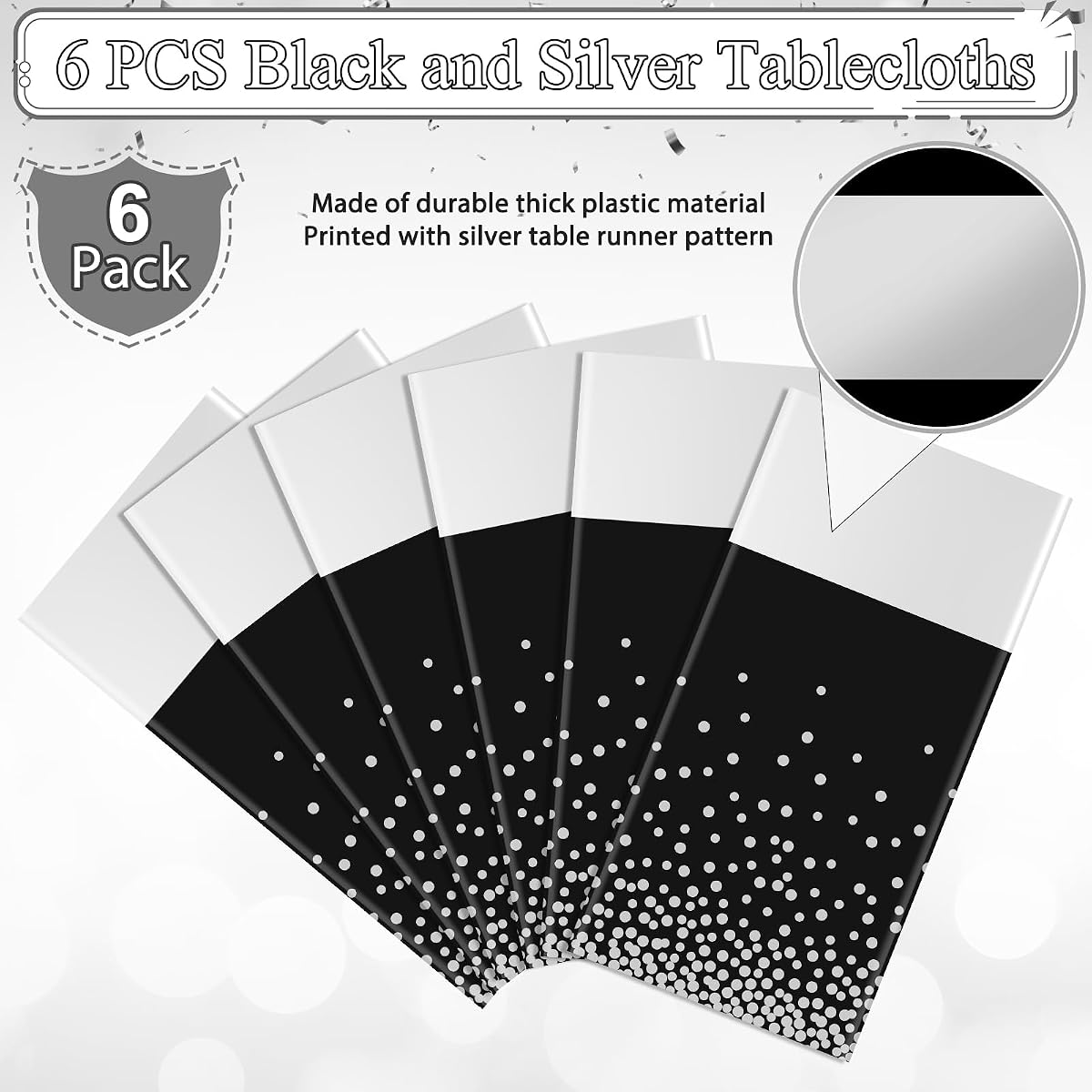 Black and Silver Tablecloth and Runner Set, 54 x 108 inch, 6 pack view 4