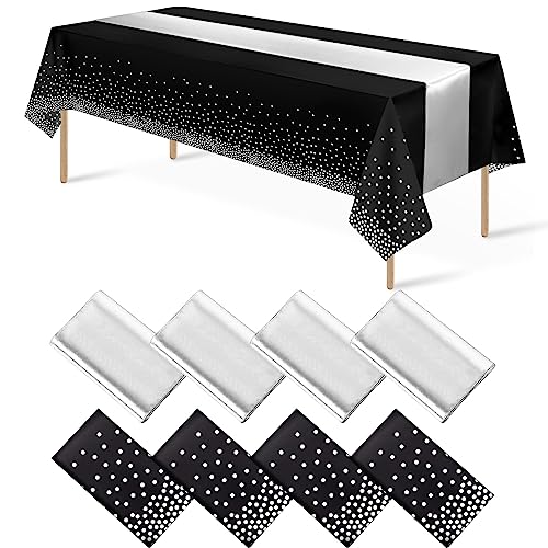 Black and Silver Tablecloth and Runner Set, 8 pack
