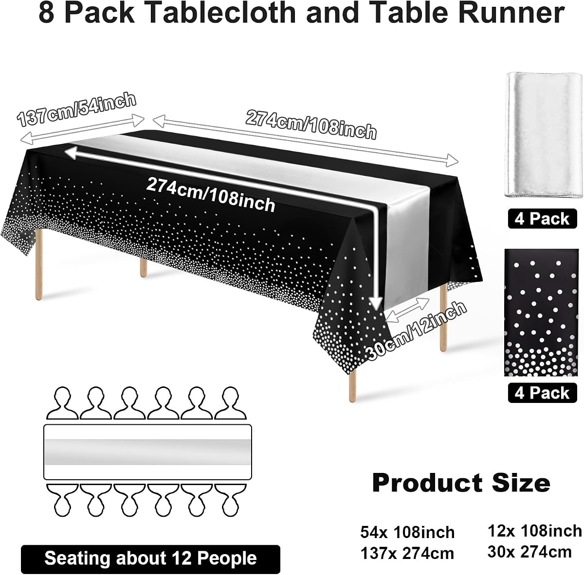 Black and Silver Tablecloth and Runner Set, 8 pack view 2