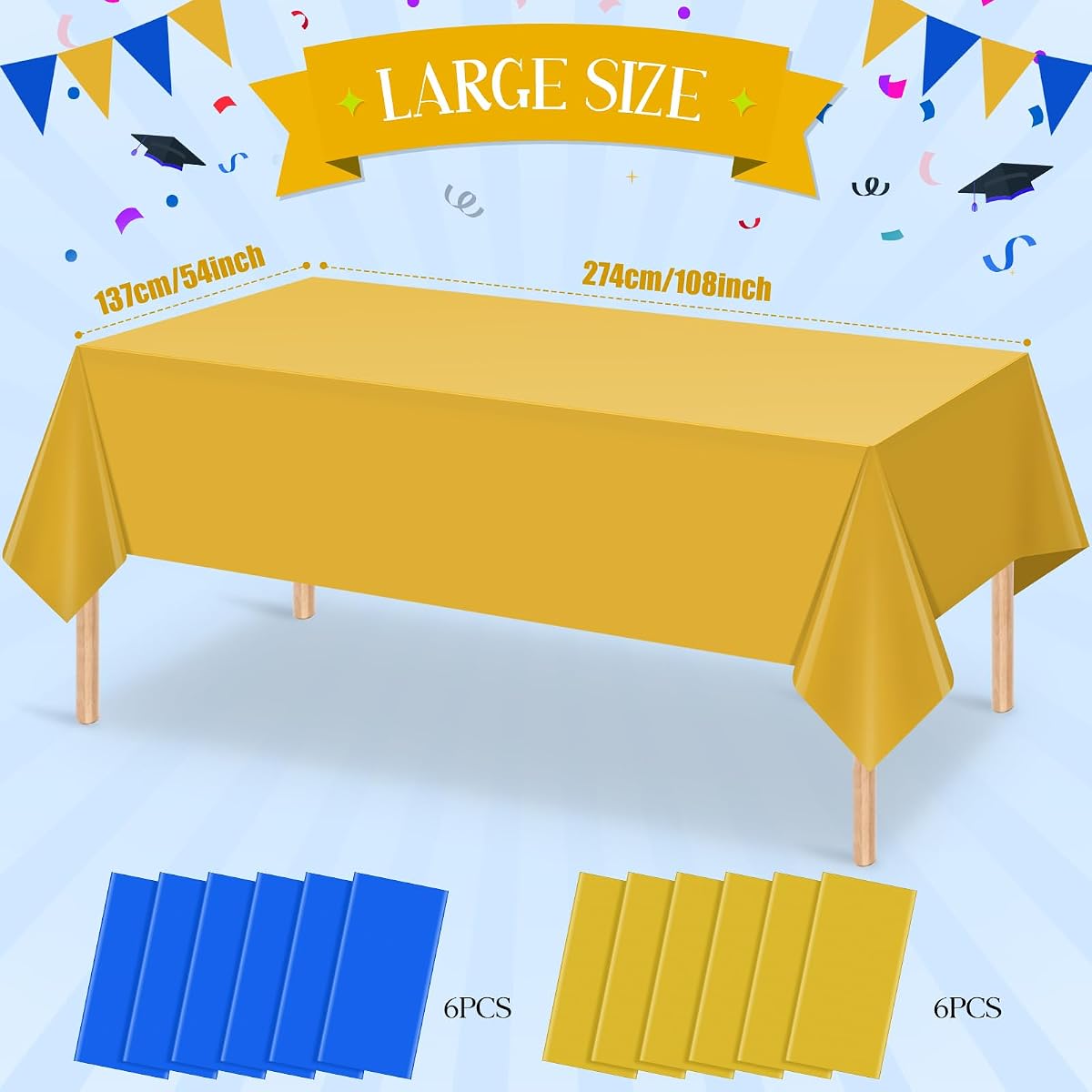 Blue and Gold Rectangle Tablecloth, 54 x 108 inch, 12 pack view 2