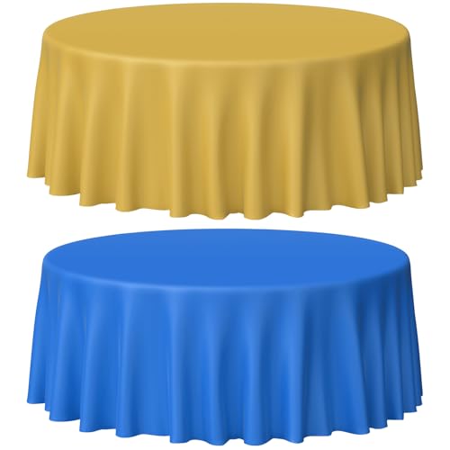 Blue and Gold Round Tablecloth, 84 inch round, 12 pack
