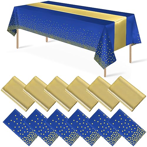 Blue and Gold Tablecloth and Runner Set, 12 pack