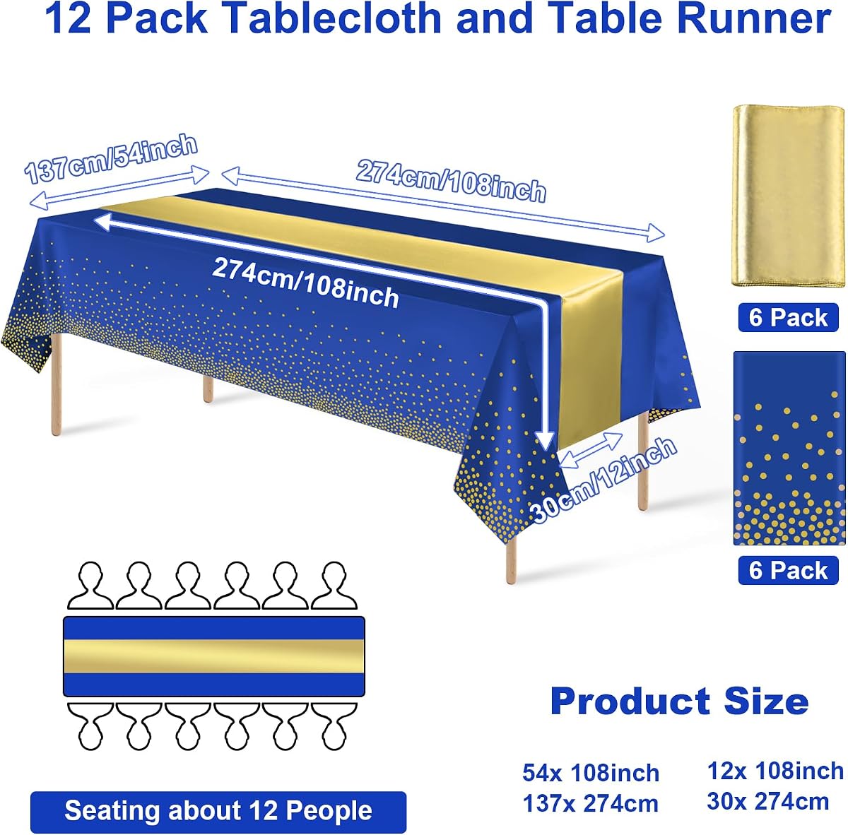 Blue and Gold Tablecloth and Runner Set, 12 pack view 2