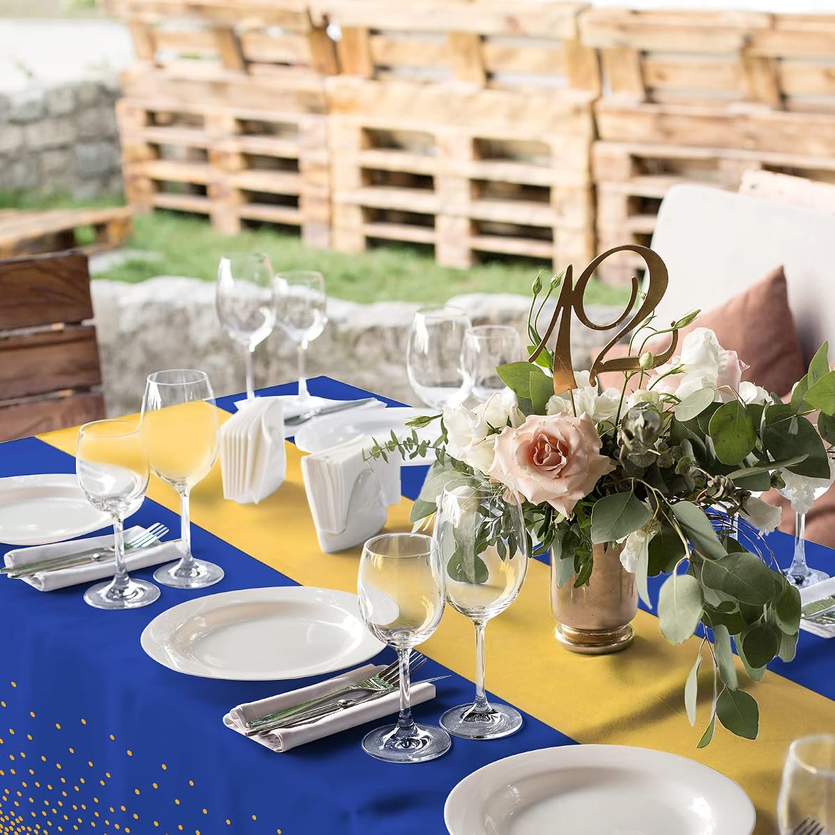 Blue and Gold Tablecloth and Runner Set, 12 pack view 4