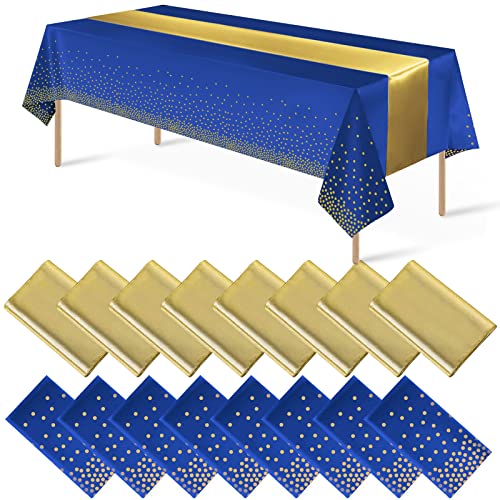 Blue and Gold Tablecloth and Runner Set, 16 pack