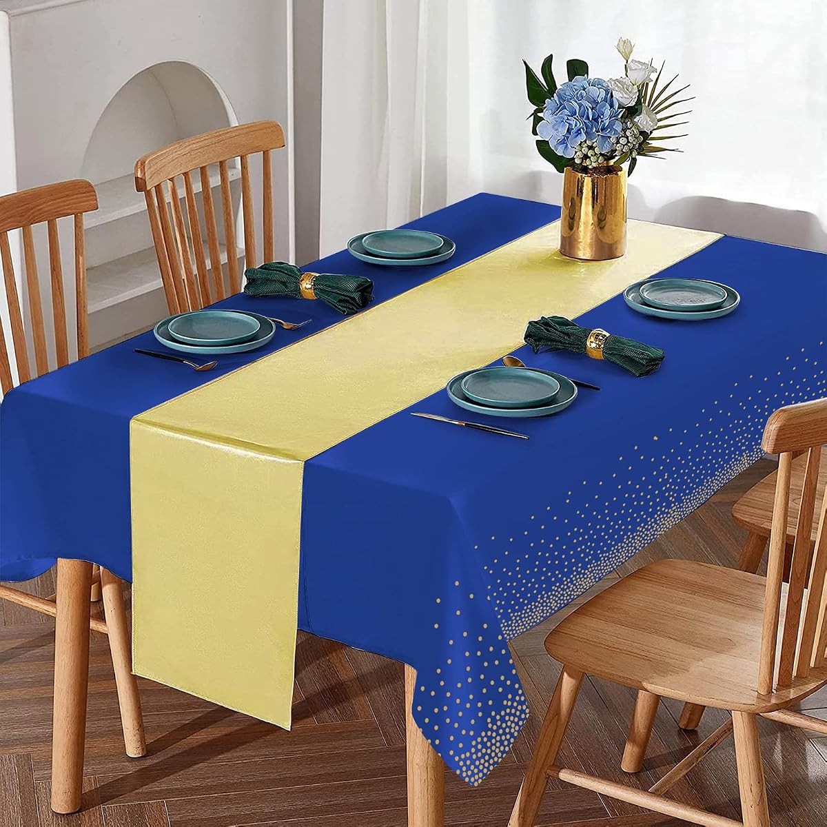 Blue and Gold Tablecloth and Runner Set, 16 pack view 4