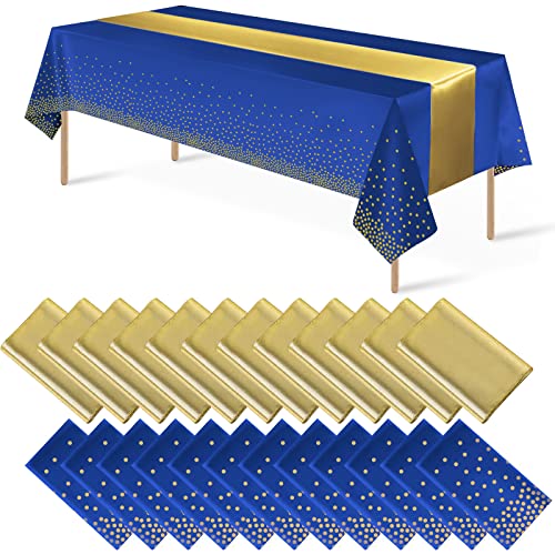 Blue and Gold Tablecloth and Runner Set, 24 pack