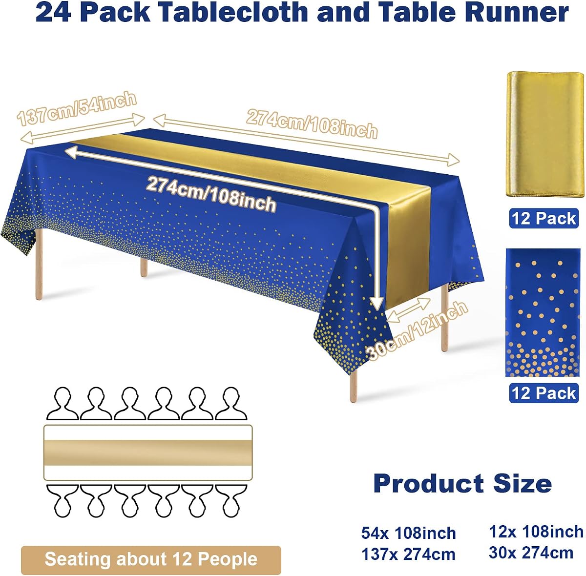Blue and Gold Tablecloth and Runner Set, 24 pack view 2