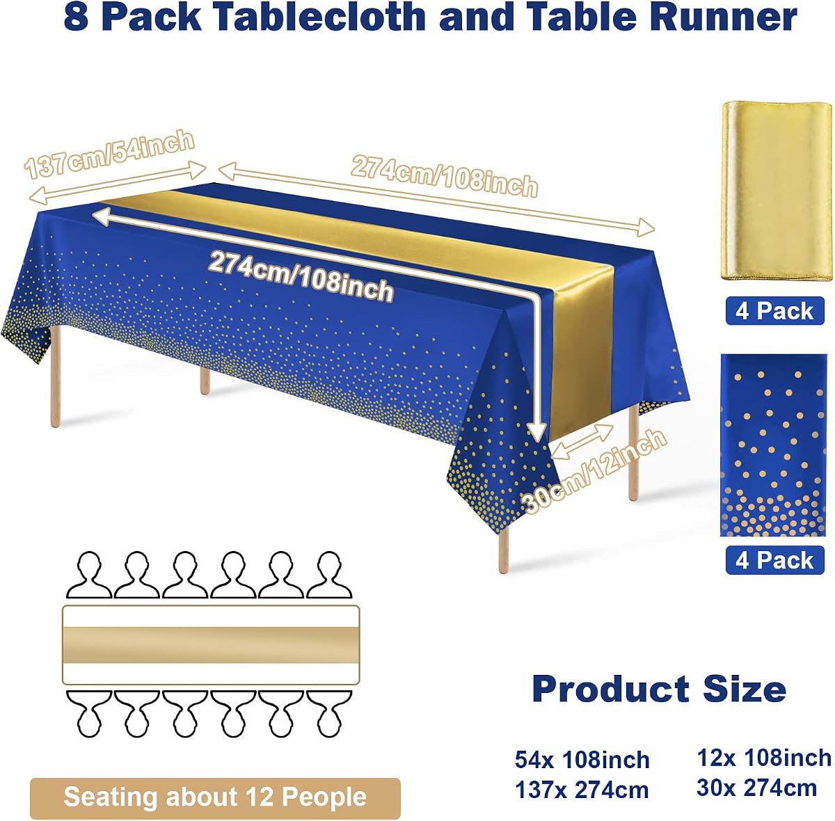 Blue and Gold Tablecloth and Runner Set, 8 pack view 2
