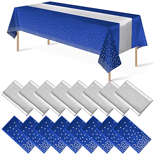 Blue and Silver Tablecloth and Runner Set, 16 pack