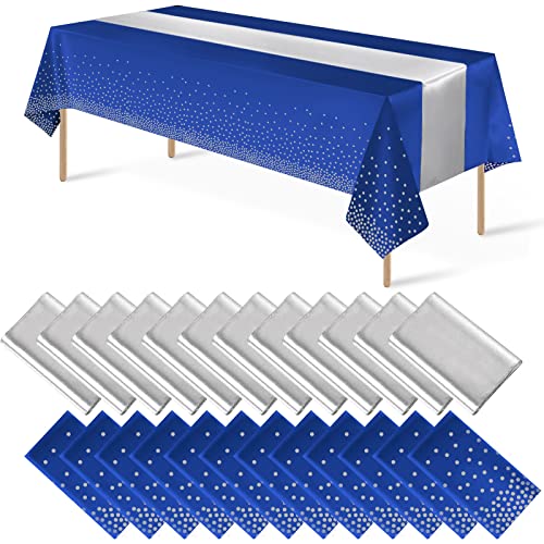 Blue and Silver Tablecloth and Runner Set, 24 pack