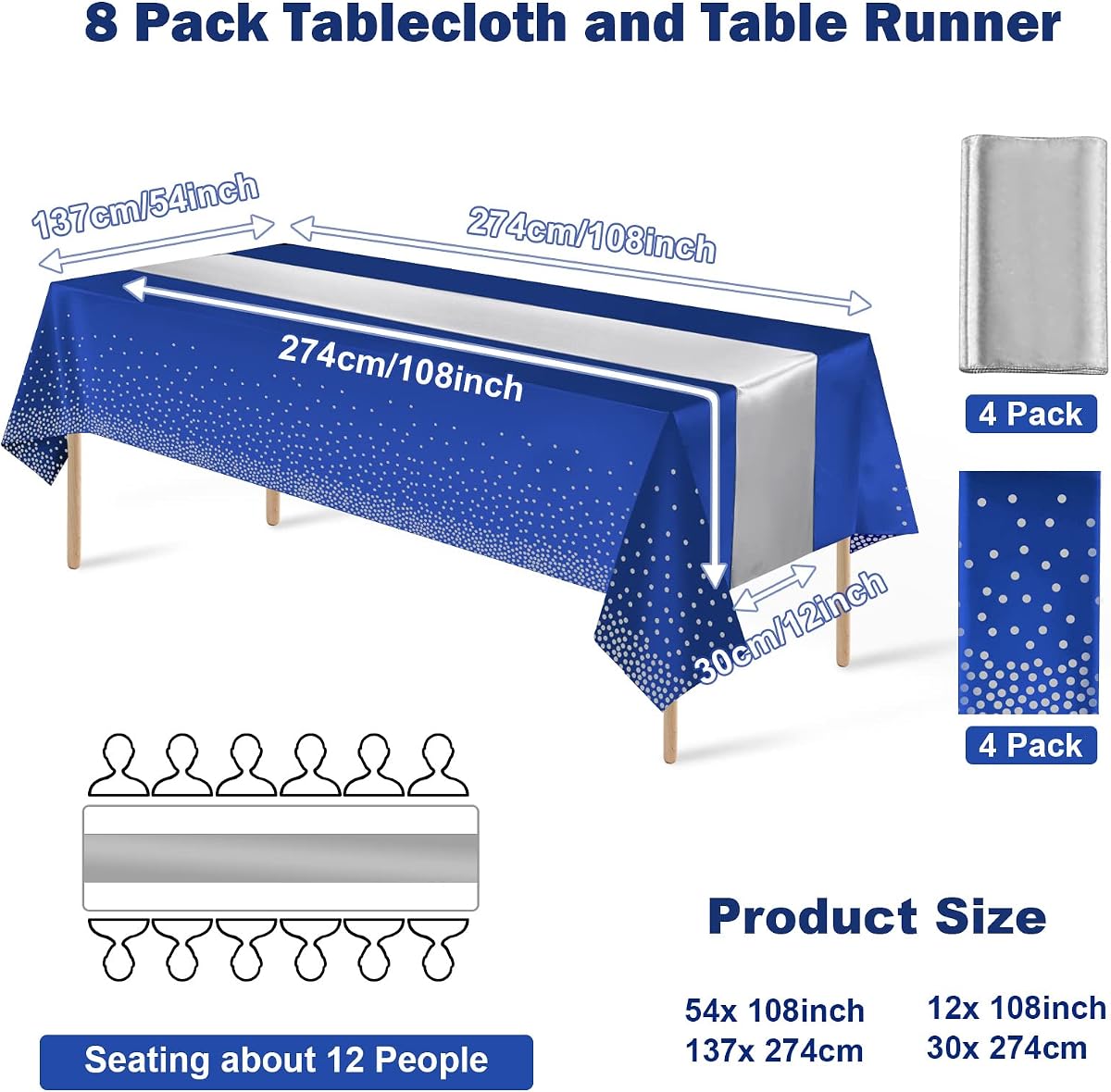 Blue and Silver Tablecloth and Runner Set, 8 pack view 2