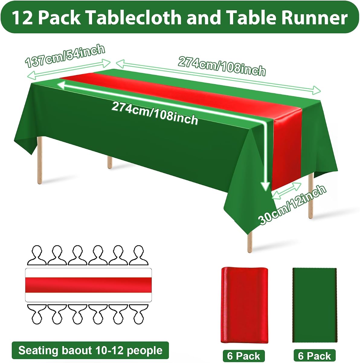 Christmas Green and Red Tablecloth and Runner Set, 12 x 108 inch, 12 pack view 2