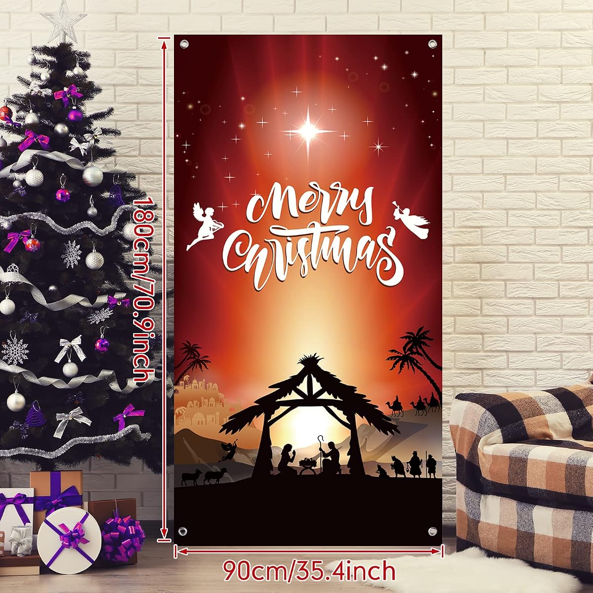 Christmas Orange and Red Door Cover, 35 x 71 inch view 2