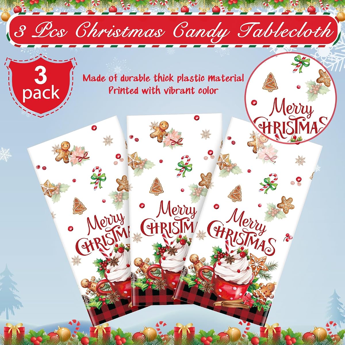 Christmas Red and Black Rectangle Tablecloth, 54 x 108 inch, 3 pack view 4