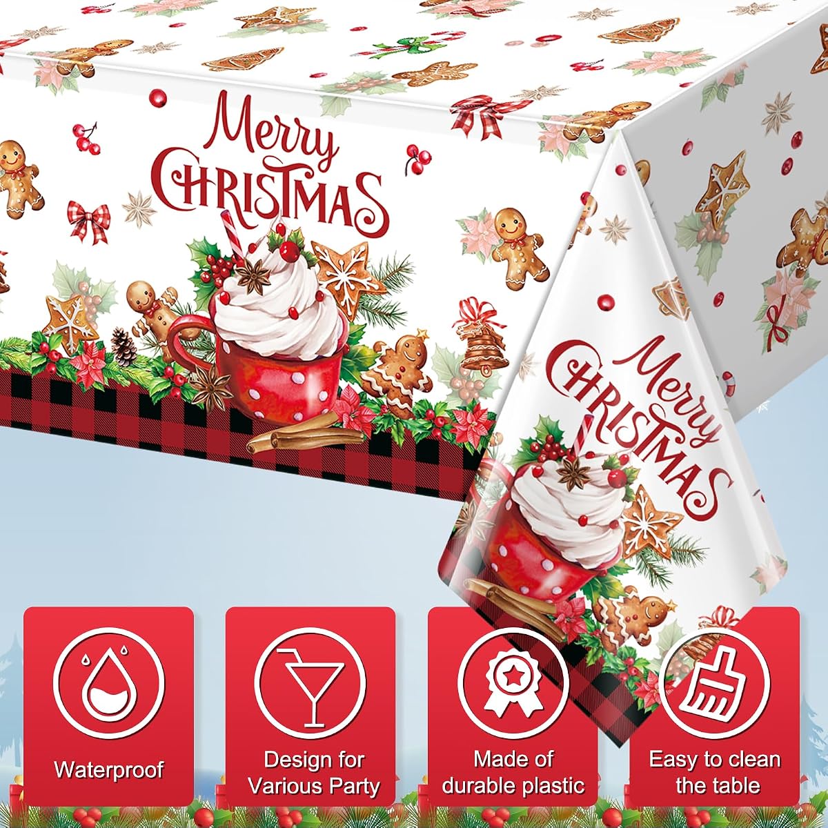 Christmas Red and Black Rectangle Tablecloth, 54 x 108 inch, 6 pack view 3