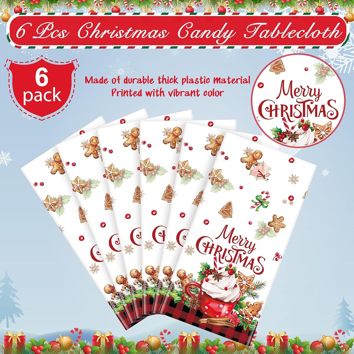 Christmas Red and Black Rectangle Tablecloth, 54 x 108 inch, 6 pack view 4