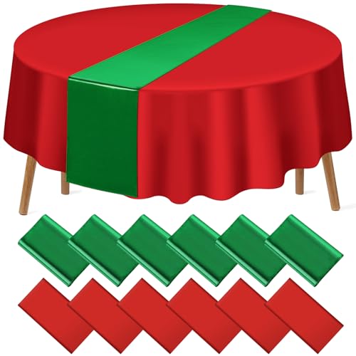 Christmas Red and Green Round Tablecloth and Runner Set Plastic, 84 inch round, 12 pack