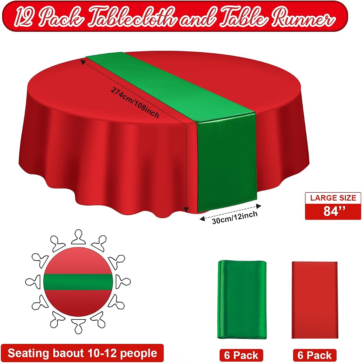 Christmas Red and Green Round Tablecloth and Runner Set Plastic, 84 inch round, 12 pack view 2