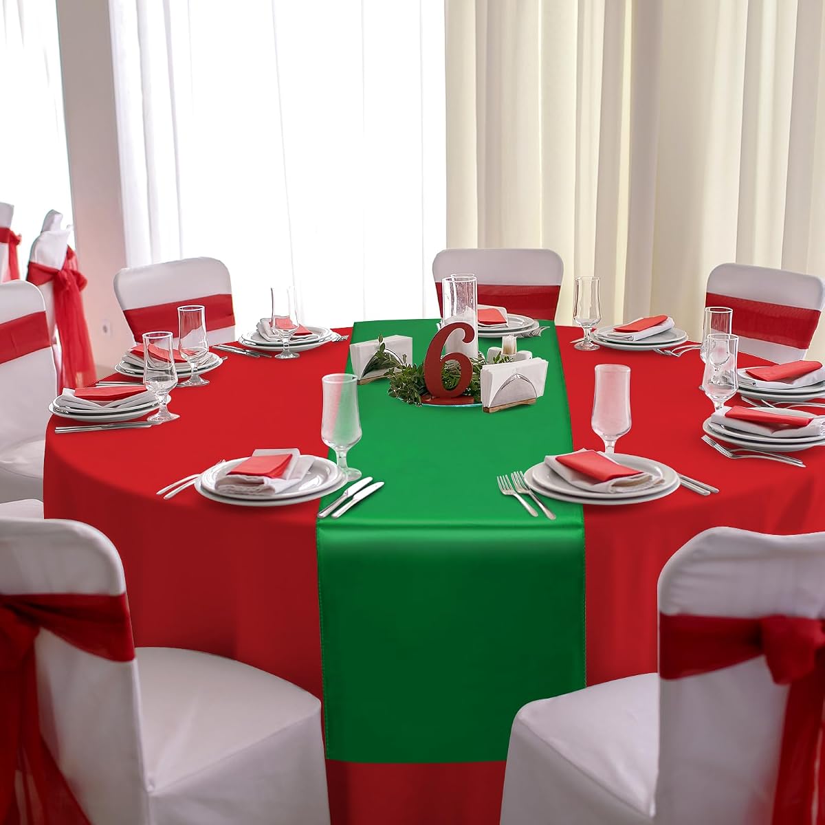 Christmas Red and Green Round Tablecloth and Runner Set Plastic, 84 inch round, 12 pack view 4