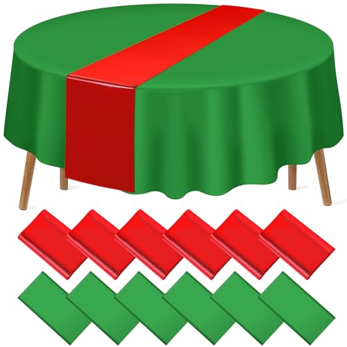 Christmas Red and Green Round Tablecloth and Runner Set Satin, 84 inch round, 12 pack
