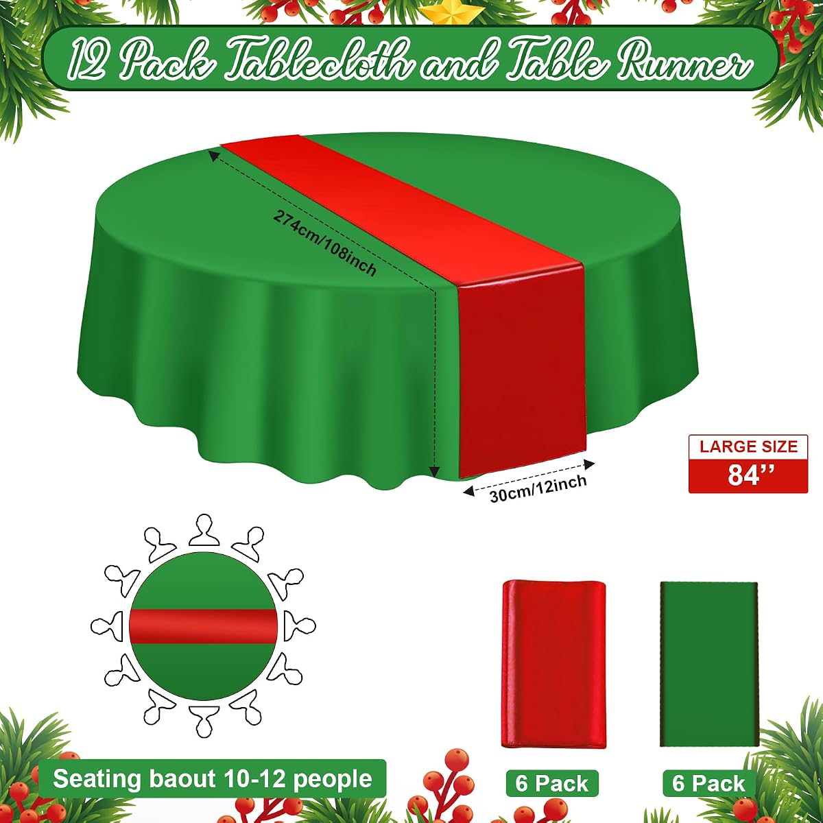 Christmas Red and Green Round Tablecloth and Runner Set Satin, 84 inch round, 12 pack view 2