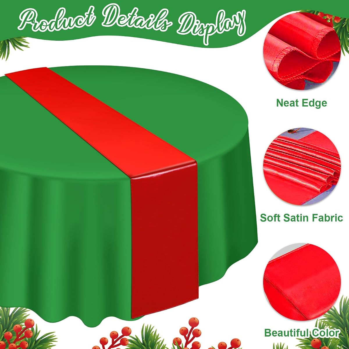 Christmas Red and Green Round Tablecloth and Runner Set Satin, 84 inch round, 12 pack view 3