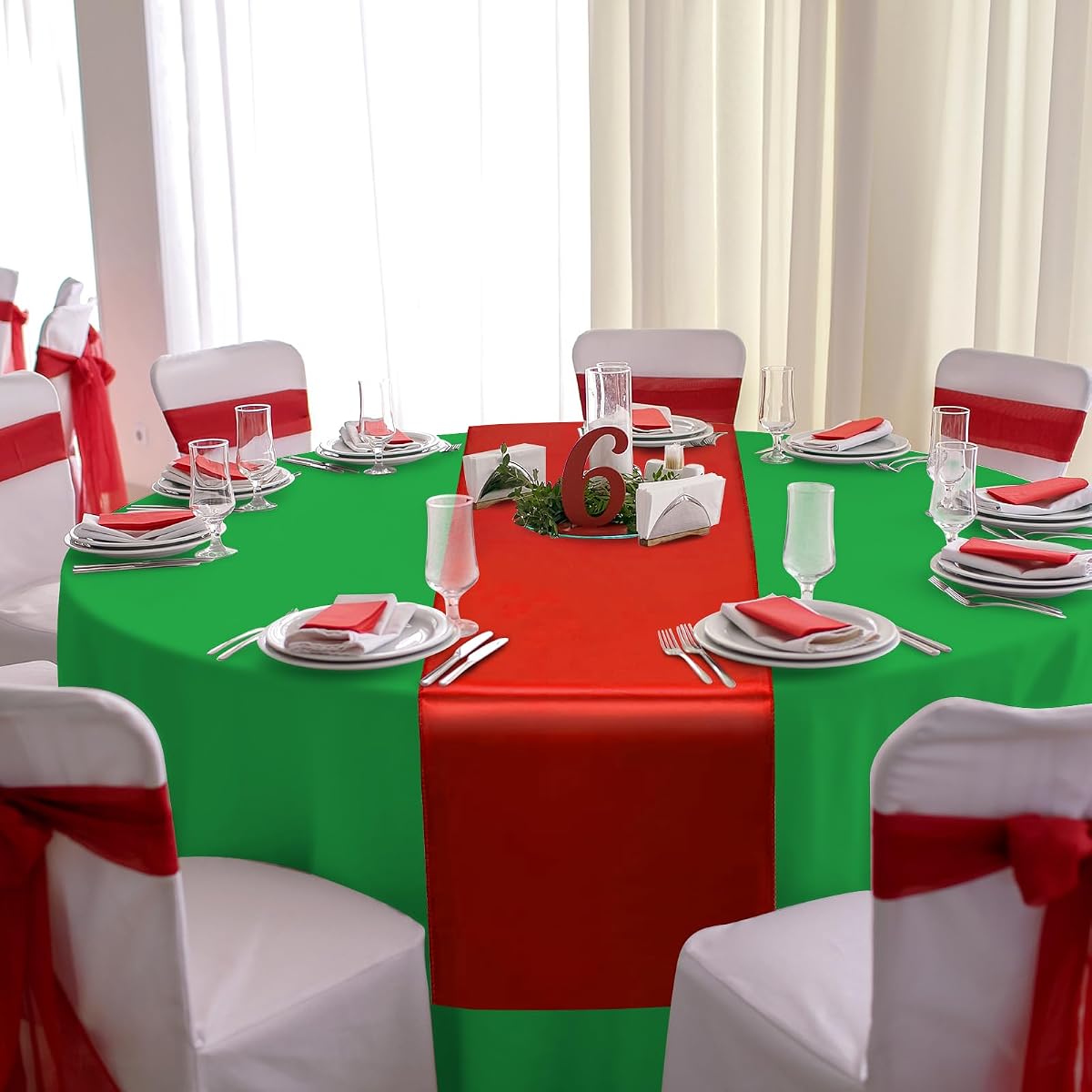 Christmas Red and Green Round Tablecloth and Runner Set Satin, 84 inch round, 12 pack view 4