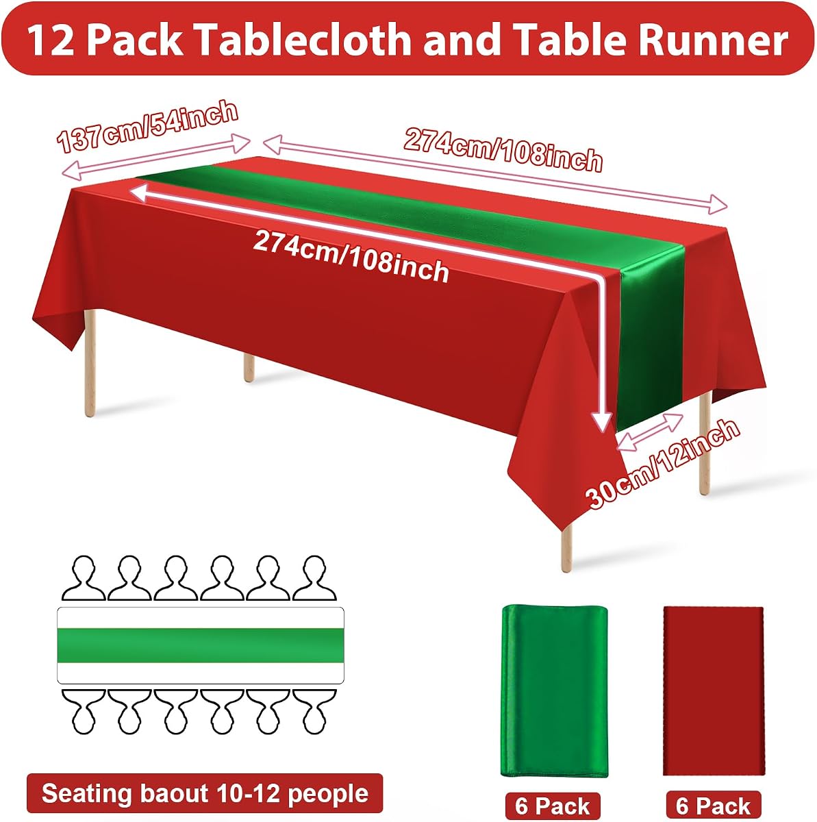 Christmas Red and Green Tablecloth and Runner Set, 12 x 108 inch, 12 pack view 2