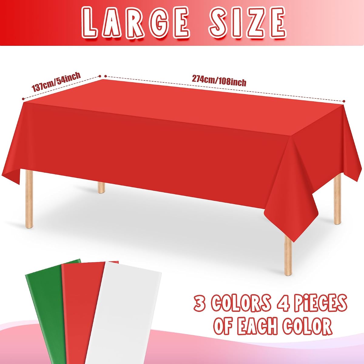 Christmas Red and White Rectangle Tablecloth, 54 x 108 inch, 12 pack view 2