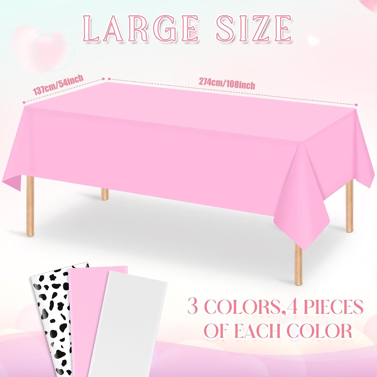 Cow Print Pink and White Rectangle Tablecloth, 54 x 108 inch, 12 pack view 2