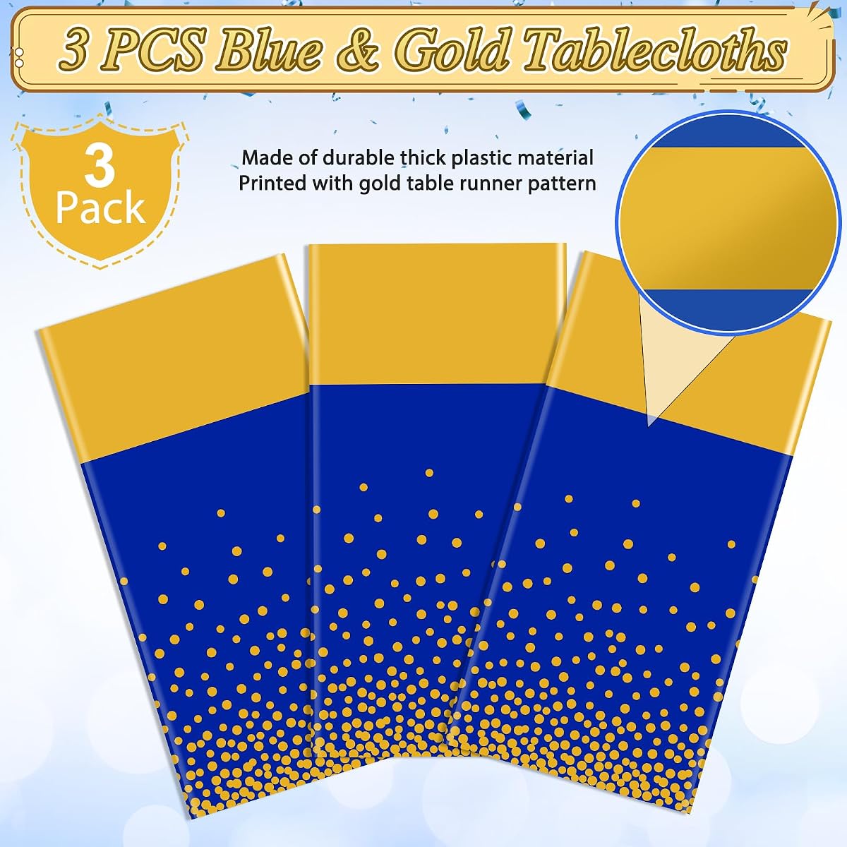 Gold and Royal Blue Rectangle Tablecloth, 54 x 108 inch, 3 pack view 4