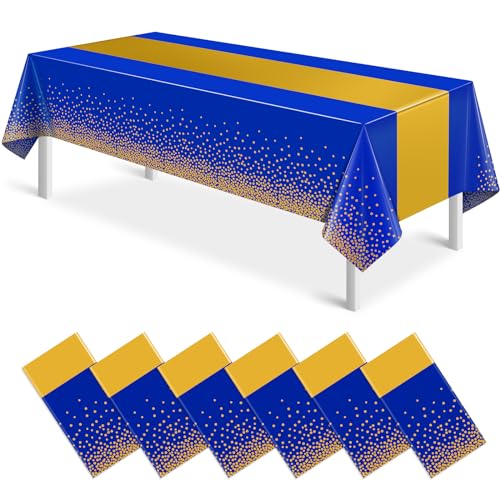 Gold and Royal Blue Tablecloth and Runner Set, 54 x 108 inch, 6 pack
