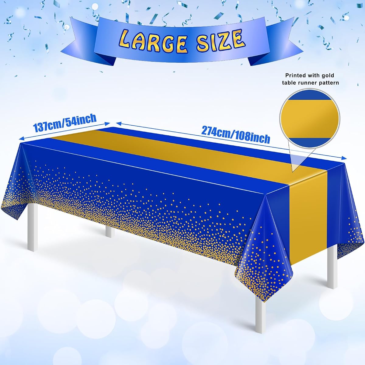Gold and Royal Blue Tablecloth and Runner Set, 54 x 108 inch, 6 pack view 2