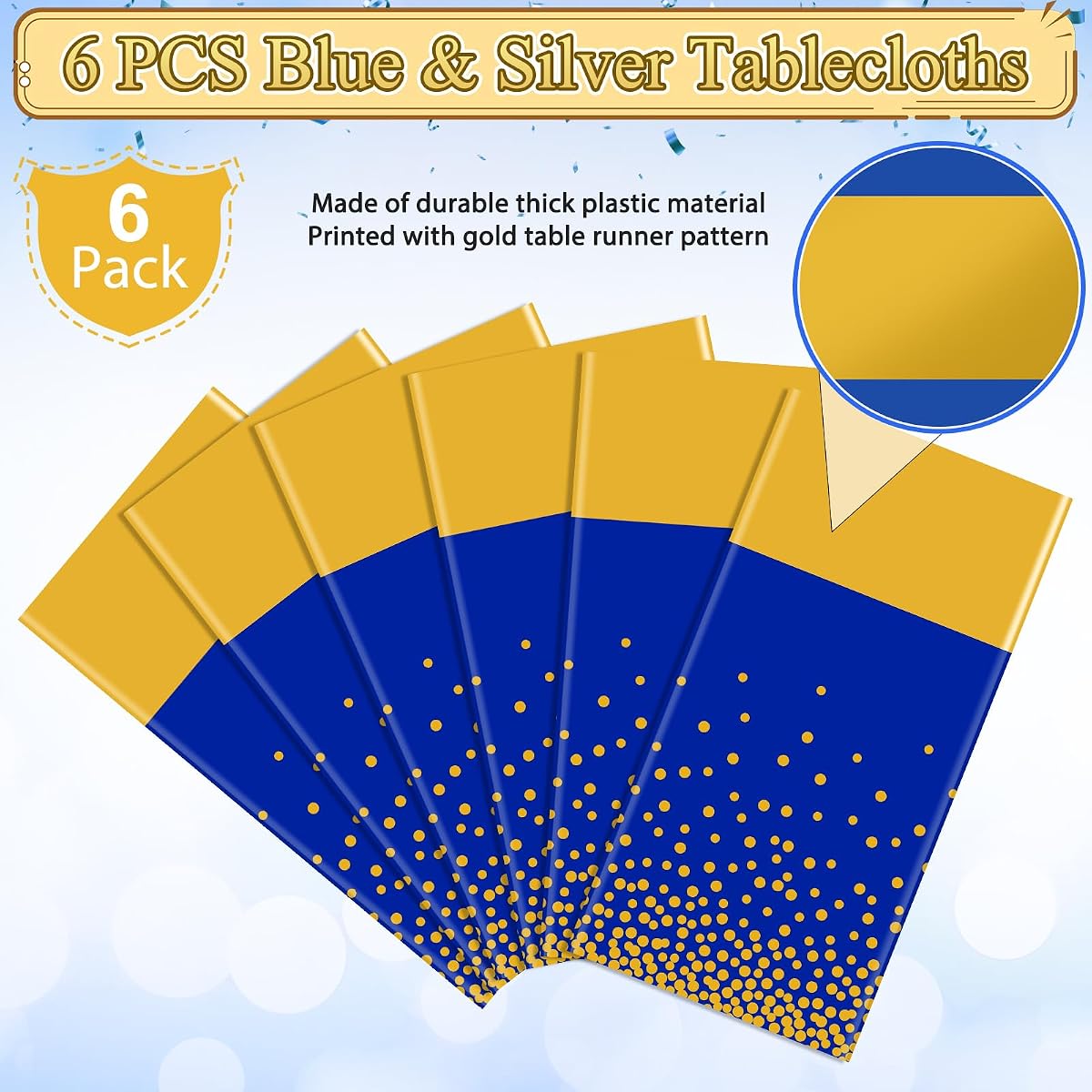 Gold and Royal Blue Tablecloth and Runner Set, 54 x 108 inch, 6 pack view 4