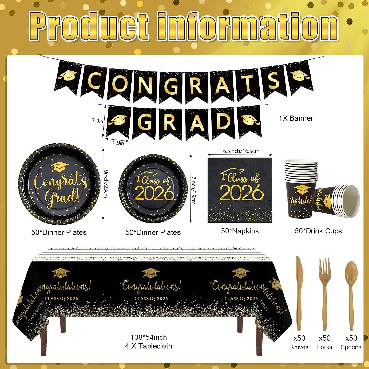 Graduation Black and Gold Napkins, 355 pack view 2