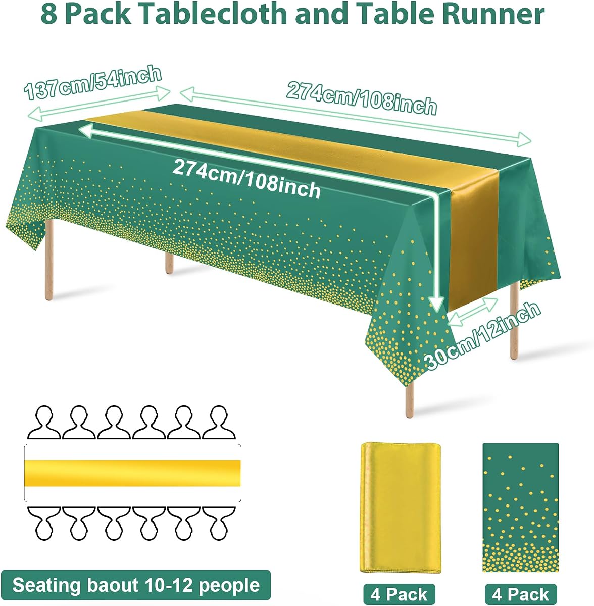 Green and Gold Tablecloth and Runner Set, 8 pack view 2