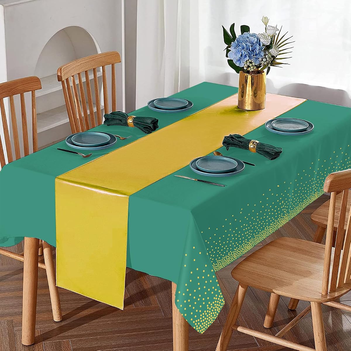 Green and Gold Tablecloth and Runner Set, 8 pack view 4