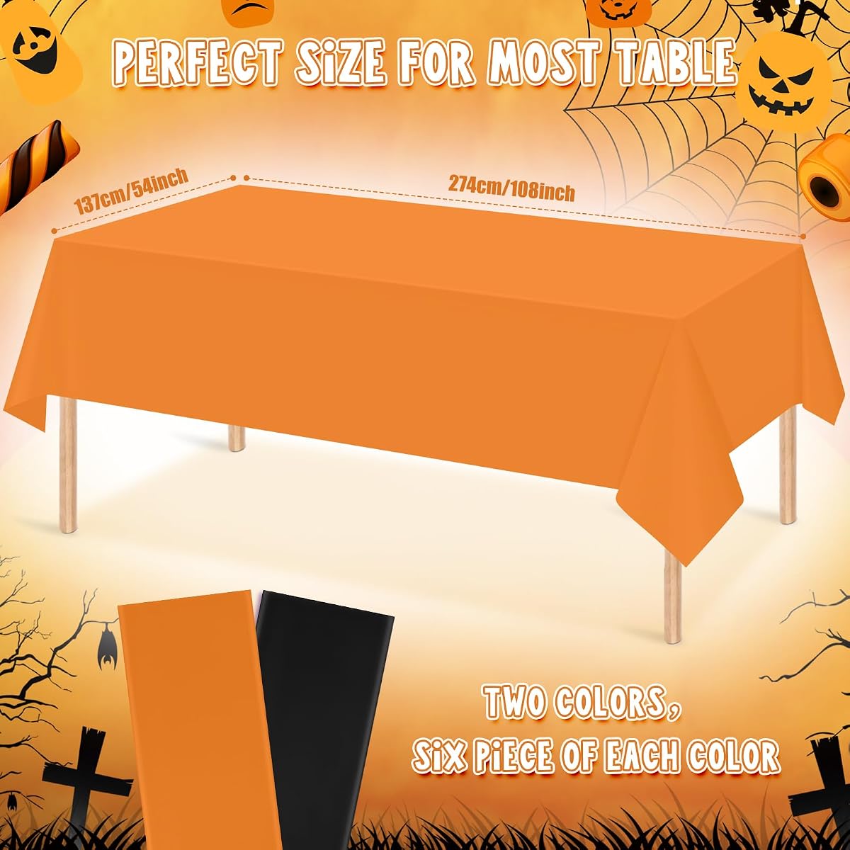 Halloween Orange and Black Rectangle Tablecloth, 54 x 108 inch, 12 pack view 2
